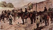 Giovanni Fattori Artilleriecorps zu Pferd auf einer Dorfstrasse Spain oil painting artist
